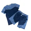 メンズ半袖スポーツセットカスタムロゴサマーラウンドネックTシャツ+パンツパッチワーク2個セット