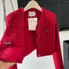 Damesjacks Vintage Tweed Crop Jacket for Women Spring Autumn High Street Lange mouw O Hek Korte dame Elegant Red Out -Bearder Top