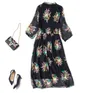 Vestido de seda preto com estampa floral verão manga 3/4 decote em V midi vestidos casuais C3A250170