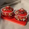 Articoli per il tè 1 paio di ceramica cinese tradizionale matrimonio rosso doppia felicità copertura del tè ciotola con coperchio tazza da tè Gaiwan casa articoli da tè bicchieri