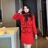 Work Dresses Autumn 2023 Red Tweed Jacket Skirt Two-Piece Sets Winter Women Suits Bow Sweet