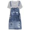 Sukienki robocze Summer Kobiety Zestaw Dwukierunkowy zestaw modny koszulka mody i pasek spaghetti dżinsowy garnitur midi długości A103