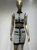 Work Dresses Women 2 Piece Set Bandage Stretch Crop Top And High Waist Skirt With Gold Buttons Geometric Outfits Club Party Street