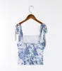 T-Shirt Retro Adjust Bow Strap Blue White Floral Print Camis Women Summer Corset Ruched Short Tank Tops Girl Sexy Slim Crop Top Tees