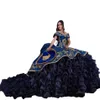 Charro Princess Navy Blue Quinceanera klänningar Guldbroderi puffy kjol Lace-up korsett prom födelsedag söt 15 klänning