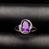 Кластерные кольца натуральный аметист элегантный круглый круглый кольцо S925 Серебряный пурпурный хрустальный подарок женской вечеринки прекрасные украшения