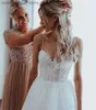 فساتين الحفلات Oeny Beach Lackless Tulle Dresses 2022 Spaghetti Straps A-Line Summer Lace Pearls Length Bridal Down T230502