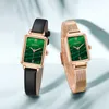 Orologi da polso Orologio da donna elegante Cassa rettangolare Quadrante verde Orologio da polso al quarzo Bracciale semplice alla moda Cinturino in pelle nera Abito da appuntamento Reloj