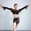 Stage Wear Girls Latin Dance Performance Costume Off Shoulder Leopard Tops Tassel Skirt Suit Kids Practice Clothes DNV17601
