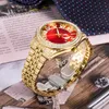 Polshorloges dubbele rij diamant man kijkt gouden ronde horloge mannen rode wijzerplaat Romeinse agenda ijs uit mannelijke polshorloge feestfeest hiphopwristwatches w