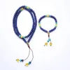 Necklace Earrings Set Flat Natural Lapis Lazuli Stone With 6 Syllable Mantra Tassel And Buddha Head Charm Mala Jewelry