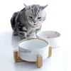 Feeding Ceramic Dog / Cat Bowl with Wood Stand Raised Dog Food Bowl Elevated Cat Water Bowl Pet Feeder Puppy Feeding Dish Kitten Feeder