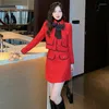 Work Dresses Autumn 2023 Red Tweed Jacket Skirt Two-Piece Sets Winter Women Suits Bow Sweet