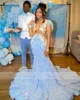 Sparkly Sky Blue Mermaid Prom Dress for Black Girls Mesh Glitter Sequins Beads Rhinestone Feathers Birthday Party Gown Robe 322