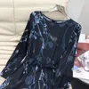 Abiti casual in seta di alta qualità estate donna manica lunga stampata floreale elegante abito cintura o-collo vintage