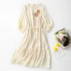 Summer Ivory Solid Color Beaded Silk Dress 3D Flowers 3/4 Sleeve Round Neck Belted Knee-Length Casual Dresses C3A255048