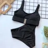 Damen Bademode Sexy Mode Frauen Hohe Taille Einfarbig Pit Strip Badeanzug Split Body Button Bikini