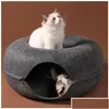 Cat Toys Donut Tunnel Bed Pets House Natural Felt Pet Cave Round Wool For Small Dogs Interactive Play Toycat Drop Delivery Home Gard Dhf7G