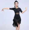 Bühnenkleidung Kinder Latin Dance Kleid Fransen Kinderkostüm Schwarz Rot Mädchen Ballsaal Tango Salsa Outfits Tanzkleider