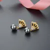 Pendientes de tuerca auténticos de plata de ley 925, pendientes de perlas, abanico de moda de Color dorado para mujeres y niñas, regalo de joyería para fiesta y boda