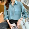 Kvinnor BLOUSES SPRING Summer Solid Color Chiffon Shirt Kvinnlig Single Breasted Cardigan Double Pockets Loose Korean Tops 2023 kläder