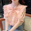 Chemisiers pour femmes Chemise Hiffon rose à manches courtes Haut d'été pour femmes 2023 French Chic Belle Super Fairy Sweet Bow Tops Blusas Mujer