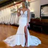 Party Dresses Modest V-Neck Mermaid Satin Wedding Dresses High Slip Spaghetti Straps Lace Appliques Beach Bridal Gowns T230502