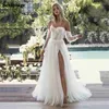 Robes De Soirée Doux Tulle Dentelle Boho Robe De Mariée Amovible Manches Longues Robe De Mariée 2021 Haute Fente Plis Plage Robes De Fête De Mariage Princesse T230502