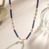 Choker minar ins marinblå natursten lapis pärlor halsband 18k guld pläterad rostfritt stål glas pärlhalsband kvinnor