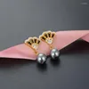 Pendientes de tuerca auténticos de plata de ley 925, pendientes de perlas, abanico de moda de Color dorado para mujeres y niñas, regalo de joyería para fiesta y boda