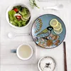 Ensembles de vaisselle cadeau de noël oiseau créatif peint à la main maison ensemble en céramique 7 pièces vaisselle en porcelaine bol de riz assiette tasse de lait