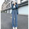 Women's Jeans Women Straight Girls Wide Leg Casual Cotton Denim High Waist Long Pants Female Clothing Stoashed Bleached Trousers 020