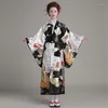 Vêtements ethniques noir Vintage japonais dames Kimono robe de bain femmes fausse soie Yukata avec Obi Performance danse robe Cosplay