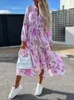 Jurken 2021 Autumn Long Print Shirt Jurk Women Vintage Chiffon Maxi Ruffle Dress Single Breasted Elegant Long Sleeve Flower Party Robe