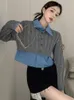 Damen Blusen Koreanische Mode Kurze Frau 2023 Lässige Feste Strickpullover Langarm Crop Top Lose Damenhemden Zweiteiler