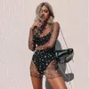 Casual Dresses 2023 Summer Women Sequin Stars Shiny See Through Mini Dress Långärmning Sheer Mesh Beach Club badkläder Cover-ups