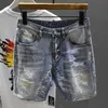 Herr shorts män ljus blå shorts jeans casual hål denim kort jeans höjd kvalitet manlig bomull rakt fit jeans shorts knä längd jeans t230502