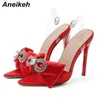 Sandals New Sequined Cloth Sandals Butterfly-knot Women Summer Stiletto Heels Pumps Shoes Fashion Party Bling Buckle Strap 230316