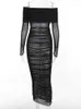 Casual Dresses Mesh Sheer Off Shoulder Maxi Dress Women Elegant Long Sleeve Ruched Body Black Sexig födelsedag Retro Hög stretchdel