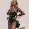 Casual Dresses 2023 Summer Women Sequin Stars Shiny See Through Mini Dress Långärmning Sheer Mesh Beach Club badkläder Cover-ups