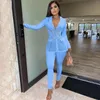 Women's Two Piece Pants Elegant Sheer Mesh Patchwork Set Women Sexy V Neck Corset Blazer Top Skinny Tracksuit Fashion Outfits