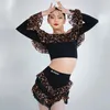 Stage Wear Girls Latin Dance Performance Costume Off Shoulder Leopard Tops Tassel Skirt Suit Kids Practice Clothes DNV17601