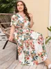 Kleider 2022 Mode Sommer Frauen V-ausschnitt Kurzarm Floral Print Weißes Kleid Hohe Taille Böhmischen Strand Kleid Plus Größe frauen Kleidung