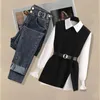 Byxor 2022 Hösten ökad storlek koreansk populär chiffongskjorta stickad tröja jeans tre stycken eleganta kvinnors byxor set träningsdräkt