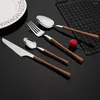 Dinnerware Sets Silver 6/24Pcs Knives Fork Spoons Cutlery Set Wooden Handle Western Stainless Steel Tableware Rack Flatware