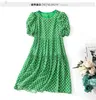 2023 Summer Green Plaid Print Panelled Silk Dress Short Sleeve Round Neck Knee-Length Casual Dresses C3A255045