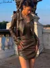 Dress Macheda Autumn new biker PU leather dress is paired with a PU leather jacket a dark brown zip outwear twopiece backless dress