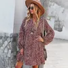 Casual Dresses Elegant Leopard Print Women Clothing Spring Autumn Long Sleeve V-ringen Mini Dress Fashion A-Line Ropa Mujer