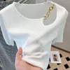 Koszulki damskie O-Neck Ice Silk krótkie rękawie 2023 Summer czysty wycięty top femme seksowne dekoracje łańcucha stałego
