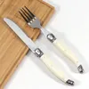 Geschirr-Sets 4/6/24-tlg. Laguiole Besteck Steakmesser Gabeln Löffel Teelöffel-Set Edelstahl Elfenbeinweiß Kunststoffgriff Küchenbesteck 230503